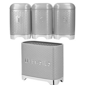 Kitchencraft Grey Lovello Textured Tea/Coffee/Sugar Set & Utensil Holder Combo