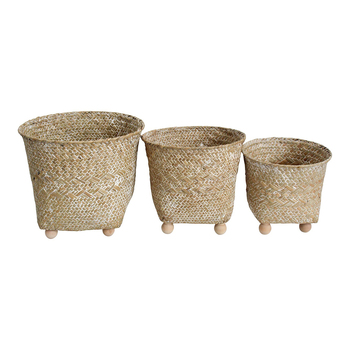 LVD 3pc Woven Straw/Wood 17/20/24cm Foot Planter Set - Natural
