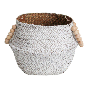 LVD Straw/Wood 28cm Woven Belly Basket w/ Beads Handle - White/Natural
