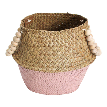 LVD Straw/Wood 28cm Woven Belly Basket w/ Beads Handle - Pink/Natural