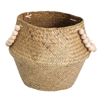 LVD Straw/Wood 28cm Woven Belly Basket w/ Beads Handle - Natural