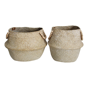 LVD 2pc Straw/Wood 35/43cm Belly Basket Set w/ Beads Handle - Natural/Wash