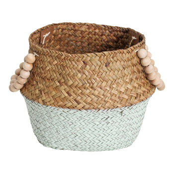 LVD Straw/Wood 28cm Woven Belly Basket w/ Beads Handle - Blue/Natural