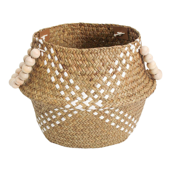 LVD Straw/Wood 28cm Woven Belly Basket w/ Beads Handle White/Natural