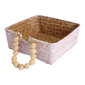 LVD Straw 20cm Napkin Holder Basket Square - Wash Pink/Beads