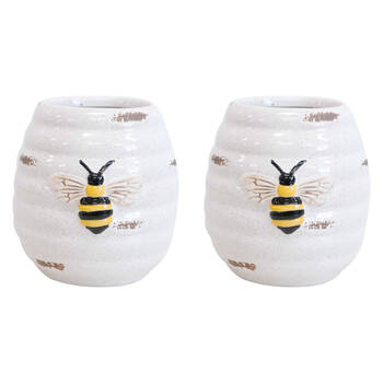 2PK LVD Ceramic Pot Plug Bee Rustic Home/Garden Decor 8x9cm - White