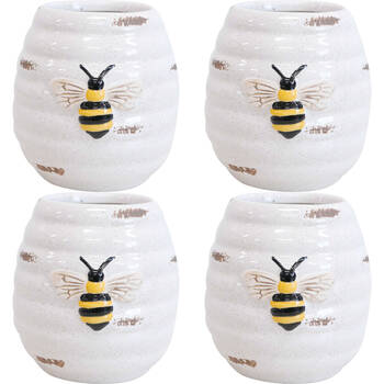 4PK LVD Ceramic Pot Plug Bee Rustic Home/Garden Decor 8x9cm - White