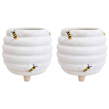 2PK LVD Ceramic Bee Planter On Feet w/ Plug Home/Garden Decor 15cm - White
