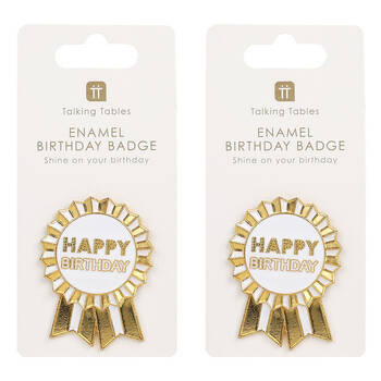 2PK Talking Tables Enamel Badge Happy Birthday Party Decoration 6cm Luxe Gold