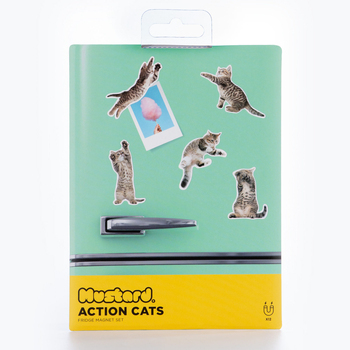 12pc Mustard Action Cat Fridge Magnet Set