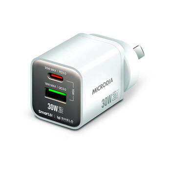 Microdia SmartCube Nano 30W Dual Port GaN USB-A USB-C Wall Charger - White