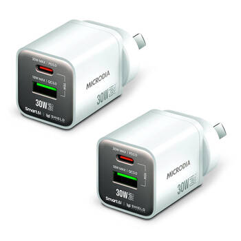 2PK Microdia SmartCube Nano 30W Dual Port GaN USB-A USB-C Wall Charger - White