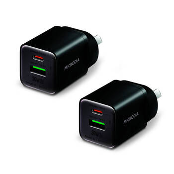 2PK Microdia SmartCube Nano 30W Dual Port GaN USB-A USB-CWall Charger - Black