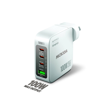 Microdia SmartCube Nano 100W 4 Port GaN Wall Charger - White