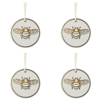 4PK LVD Ceramic 7cm Gift Bee Tag Round Hanging Home Decorative Ornament - White