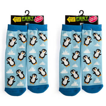 2PK Feet Speak Penguin Women's Casual Crew Socks Blue One-Size
