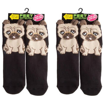 2PK Feet Speak Pug Women's Casual Crew Socks Black One-Size