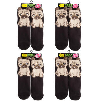 4PK Feet Speak Pug Women's Casual Crew Socks Black One-Size