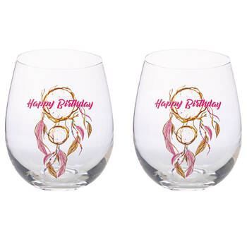 2PK Tallulah Bevel Stemless Wine Glass Drinkware Dreamcatcher Happy Birthday