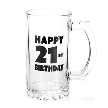 MDI Beer Stein Glass Mug Party Drinkware Clear - Happy 21st Birthday