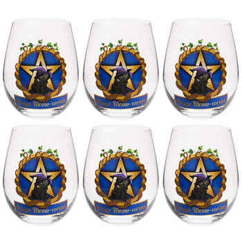 6PK Tallulah Stemless Wine Glass Tumbler Party Drinkware Black Cat Clear