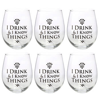 6PK Tallulah Stemless Wine Glass Tumbler Party Drinkware I Drink Know Clear