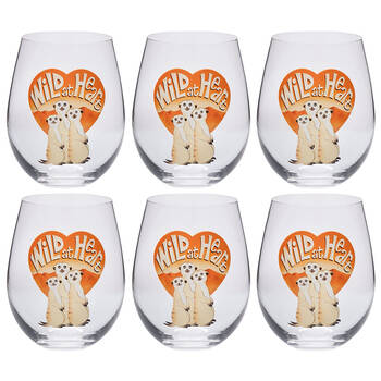 6PK Meerkat Stemless Wine Glass Tumbler Cup Party Drinkware Clear