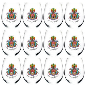 12PK Tallulah Wellness Stemless Wine Glass Tumbler Drinkware Hamsa Clear