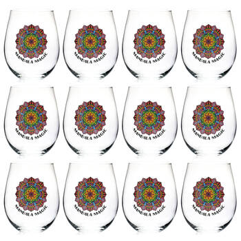 12PK Tallulah Wellness Stemless Wine Glass Tumbler Drinkware Mandala Clear