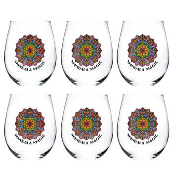 6PK Tallulah Wellness Stemless Wine Glass Tumbler Drinkware Mandala Clear