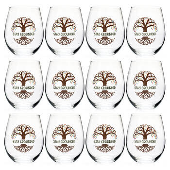 12PK Tallulah Wellness Stemless Wine Glass Tumbler Drinkware Tree of Life Clear