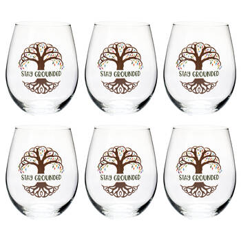 6PK Tallulah Wellness Stemless Wine Glass Tumbler Drinkware Tree of Life Clear