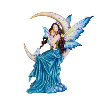 Mystical Worlds Moon Fairy w/ Child Figurine Ornament Decor 22x29cm - Blue