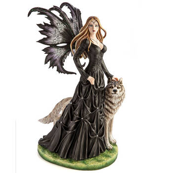 Mystical Worlds Large Fairy Princess Black Figurine w/ Wolf 35.5x58.5cm