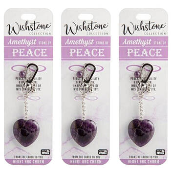 3PK Wishstone Amethyst Stone of Peace Heart Bag Clip-On Charm - Purple