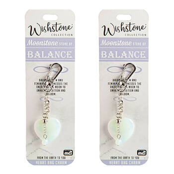 2PK Wishstone Moonstone Stone of Balance Heart Bag Charm 4x10cm - White