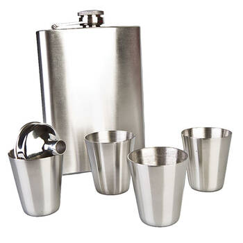 MDI Stainless Steel Classic 225ml Flask Set w/ 4pc Shot Glass - Silver