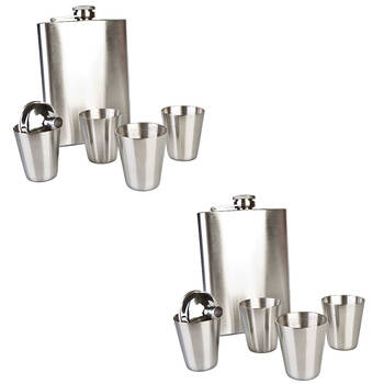 2x MDI Stainless Steel Classic 225ml Flask Set w/ 4pc Shot Glass - Silver