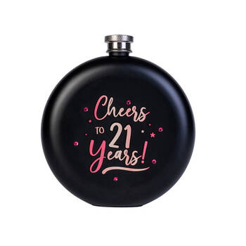 MDI Cheers to 21 Years! Round Stainless Steel Flask 265ml Black/Rose Gold