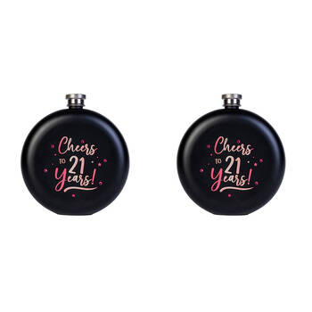 2PK MDI Cheers to 21 Years! Round Stainless Steel Flask 265ml Black/Rose Gold