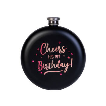 MDI Cheers Its My Birthday! Round Stainless Steel Flask 265ml Black/Rose Gold