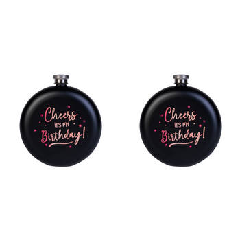 2x MDI Cheers Its My Birthday! Stainless Steel Flask 265ml Black/Rose Gold