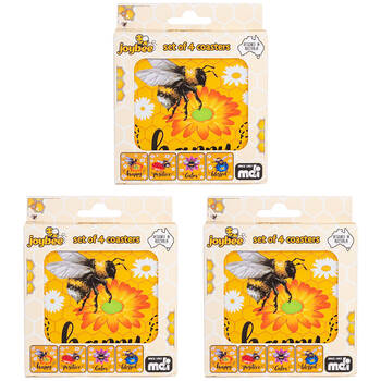 3x 4pc Joybee Cork-Backed Drink Coasters Set Square Bee Yellow
