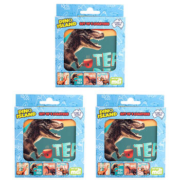 3x 4pc Dino Island Cork-Backed Drink Coasters Set Square Dino