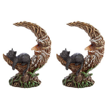 2PK MDI LED Polyresin Moon Tree w/ Black Cat Figure Home Decor 16.5x21.2cm