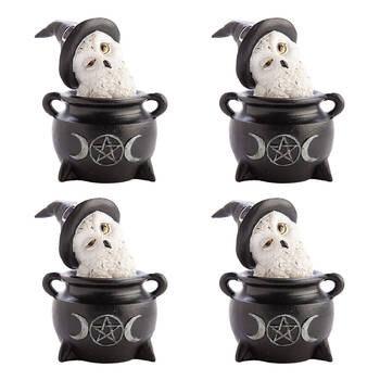 4PK Mystical Worlds Snowy Owl Cauldron Figurine Ornament Home Decor 7.7x10cm