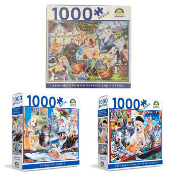 3x 1000pc Crown Kittens/Laundry Day/Art Studio Jigsaw Puzzle Combo Set 8y+