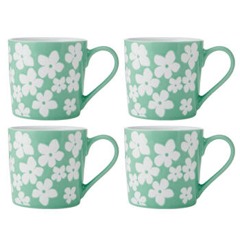 4PK Mikasa 360ml Wax Resist Green Flower Coffee Mug Cup Clay Blue