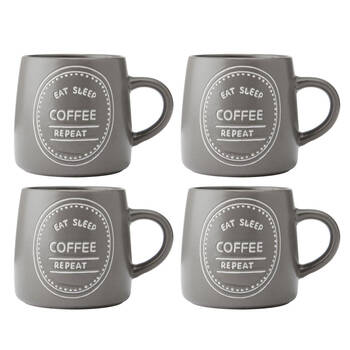 4PK Mikasa 400ml Eat Sleep Coffee Repeat Coffee Mug Cup Stoneware Brown