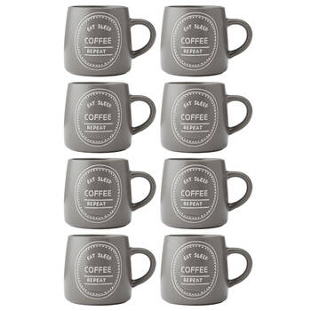 8PK Mikasa 400ml Eat Sleep Coffee Repeat Coffee Mug Cup Stoneware Brown
